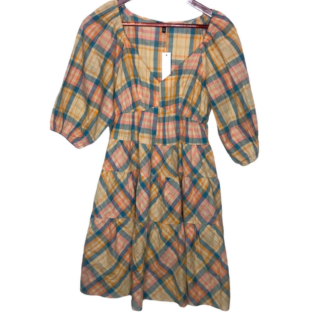 New with tags! DREW Tan Plaid Fit & Flare Dress - Size XS
